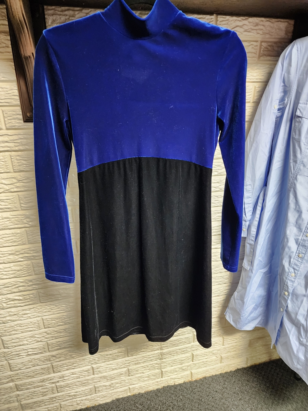 My Michelle  Blue and Black Velvet Colorblock Mock Neck Dress